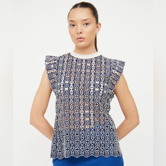 Sandro Tops - Sandro Navy and White Lace-Pattern Sleeveless Top